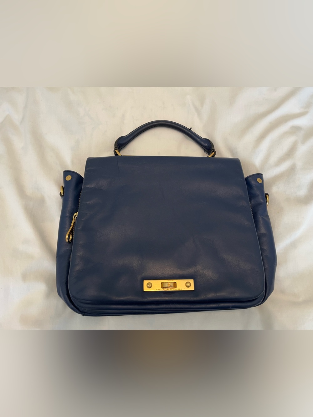 Classic Blue Leather Marc Jacobs Top-Handle Satchel/ipad Case Purse Pockets Zipp
